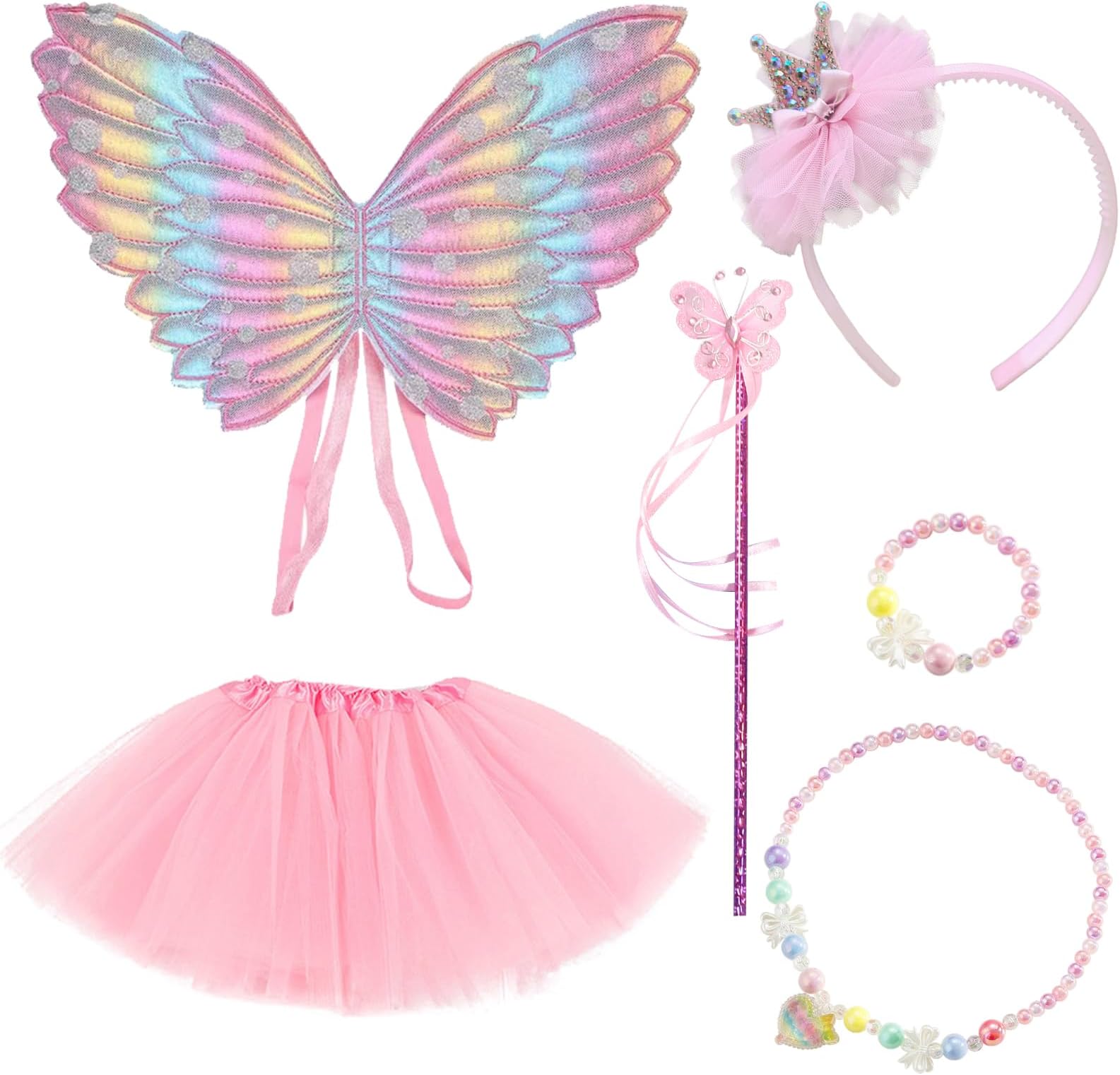 JSTHHTT 6 PCS Fairy Costume, Butterfly Fairy Wings and Wand, Princess Costumes For Girls, Crown Crystal Tiaras, Tutu, Fancy Dress Set for Girls Party Costume Halloween Christmas, for 2-4 Years Kid
