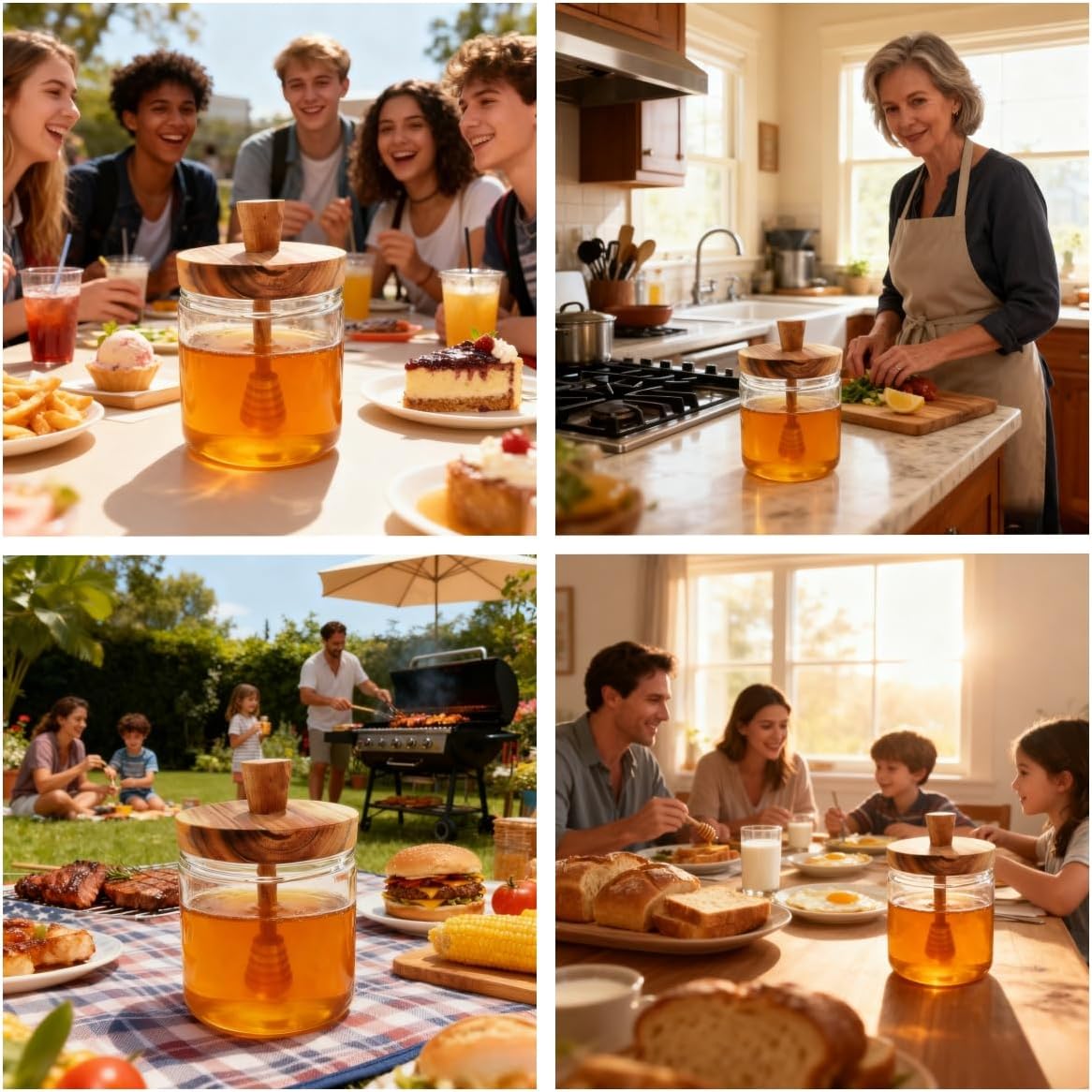 Glass Honey Pot with Wooden Dipper No Drip, Wide-Mouth Honey Pot 16oz Jar | 16oz wide-mouth glass jar, wood dipper & lid, silicone seal, drip-free, airtight, rust-proof, multi-use for honey/syrup.