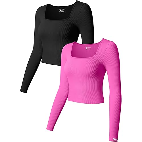 OQQ Women's 2 Piece Crop Tops Long Sleeve Square Neck Underscrubs Stretch Fitted Layer Tee Shirts Tops