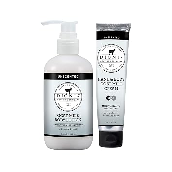 Dionis Goat Milk Unscented Hand & Body Cream and Body Lotion Bundle Pack of 2