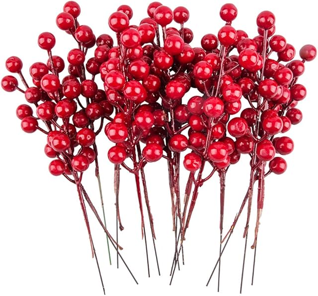 YuCool 15 Pcs Red Berries Stems, Christmas Artificial Red Berry Picks for Christmas Tree Decorations,Ornaments,Crafts,Holiday and Home Decor,7.87 Inches