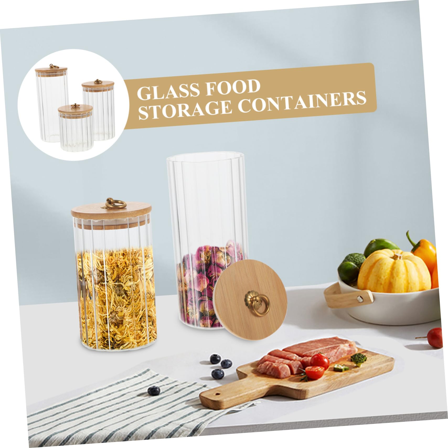 Set da 3 Contenitori con Coperchio per Alimenti in Vetro con Coperchio in Bambù, Capacità 550ml, 850ml e 1150ml, per Cucina con Tenuta e Facili da Pulire