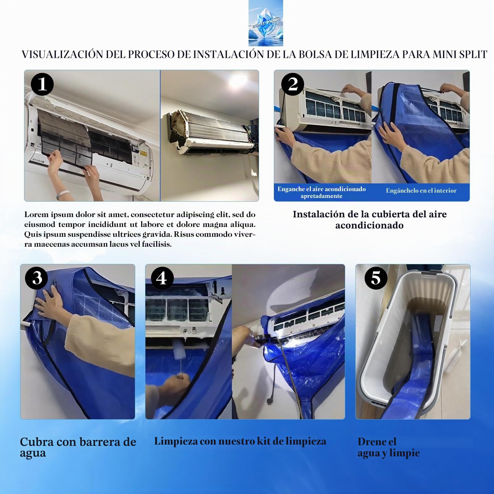 Kit de limpieza ZSPLIT-MAIR todo en uno para minisplits con pulverizador a presión - Bolsa de limpieza reutilizable a prueba de fugas, 16 herramientas de mantenimiento (Azul)