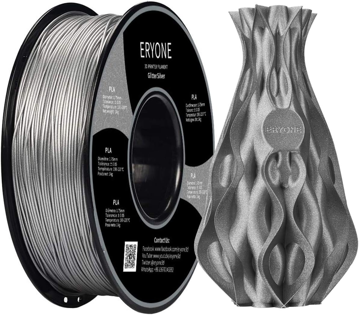 ERYONE Filamento PLA brillante con purpurina brillante para impresora 3D, 1.75 mm, Tolerancia: ±0.03 mm, 1 kg (2.2LBS) / Carrete, Plata