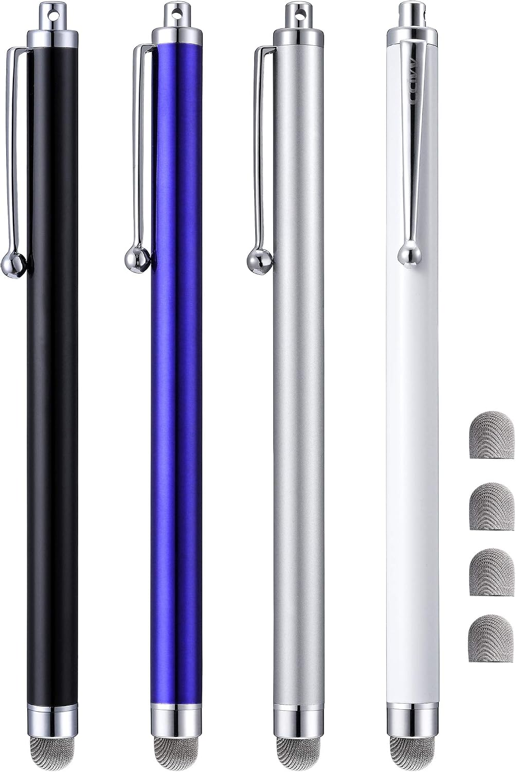 Stylus Pens, CCIVV 4 Pcs 5.6 Inches Mesh Tipped Stylus for Touch Screens, iPad, iPhone, Kindle Fire + 4 Extra Replaceable Hybrid Fiber Tips (White, Black, Silver, Blue)