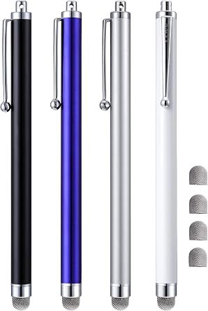 Stylus Pens, CCIVV 4 Pcs 5.6 Inches Mesh Tip Stylus for Touch Screens, iPad, iPhone, Kindle Fire, 4 Extra Replaceable Hybrid Fiber Tips White, Black, Silver, Blue