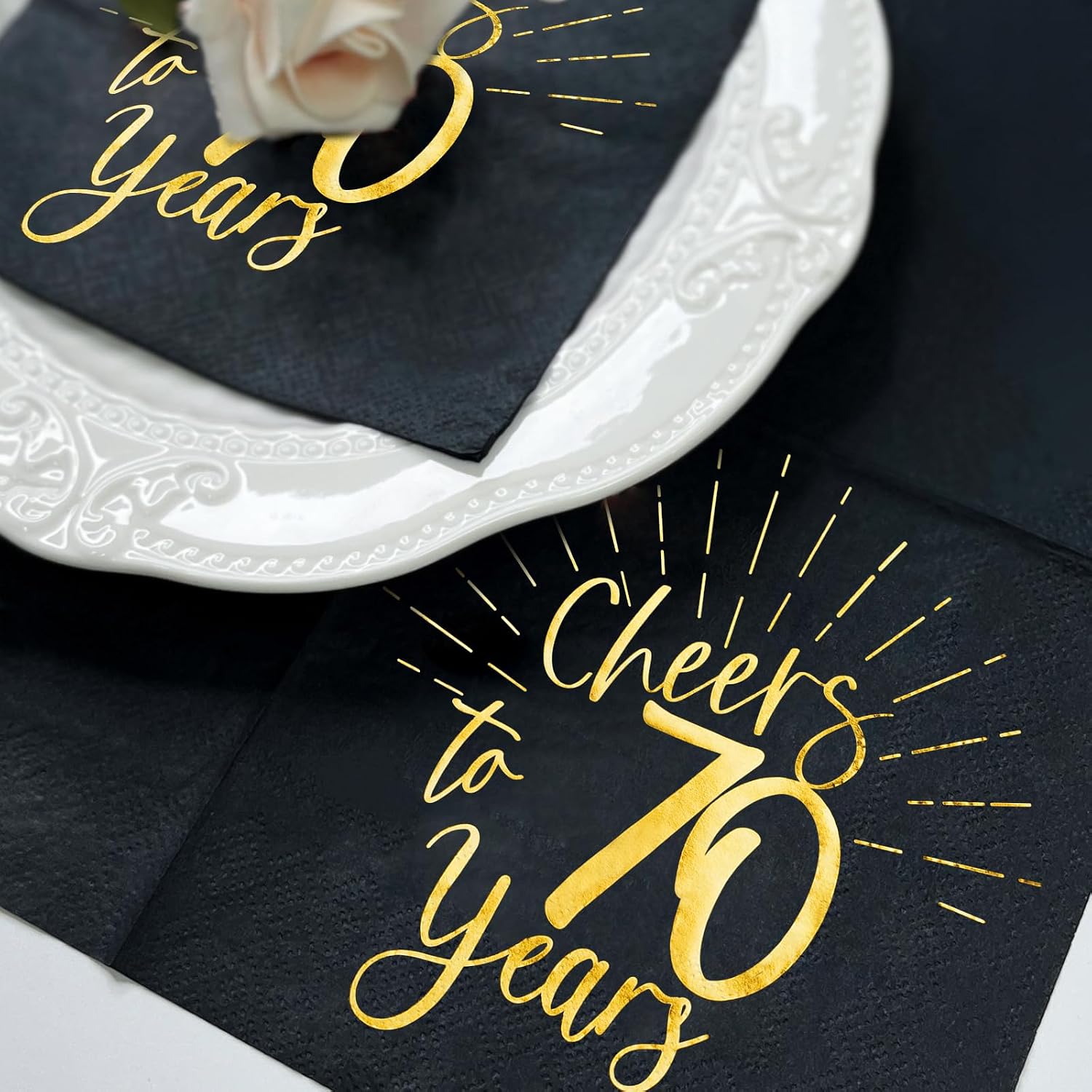 WRAPAHOLIC 50Pcs 70th Birthday Napkins - 3-Ply Disposable Paper Cocktail Napkin, Black and Gold Foil Cheers to 70 Years - 5 x 5 In