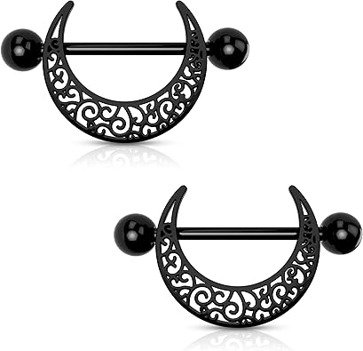 Melighting Black Nipple Rings 14G Pattern Piercing Jewelry for Women - Stainless Steel 316L Moon Barbell