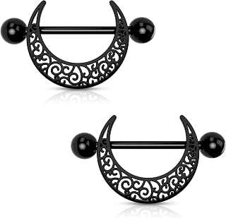 Black Nipple Rings 14G Pattern Piercing Jewelry for Women - Stainless Steel 316L Moon Barbell