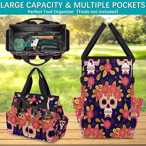 Miniatura 4 de Skulls Flowers Garden Tool Tote Bag for Women Men Gardening Tool Storage Bags with 10 Pockets Standable Garden Home Tool Kits Organizer for Indoor