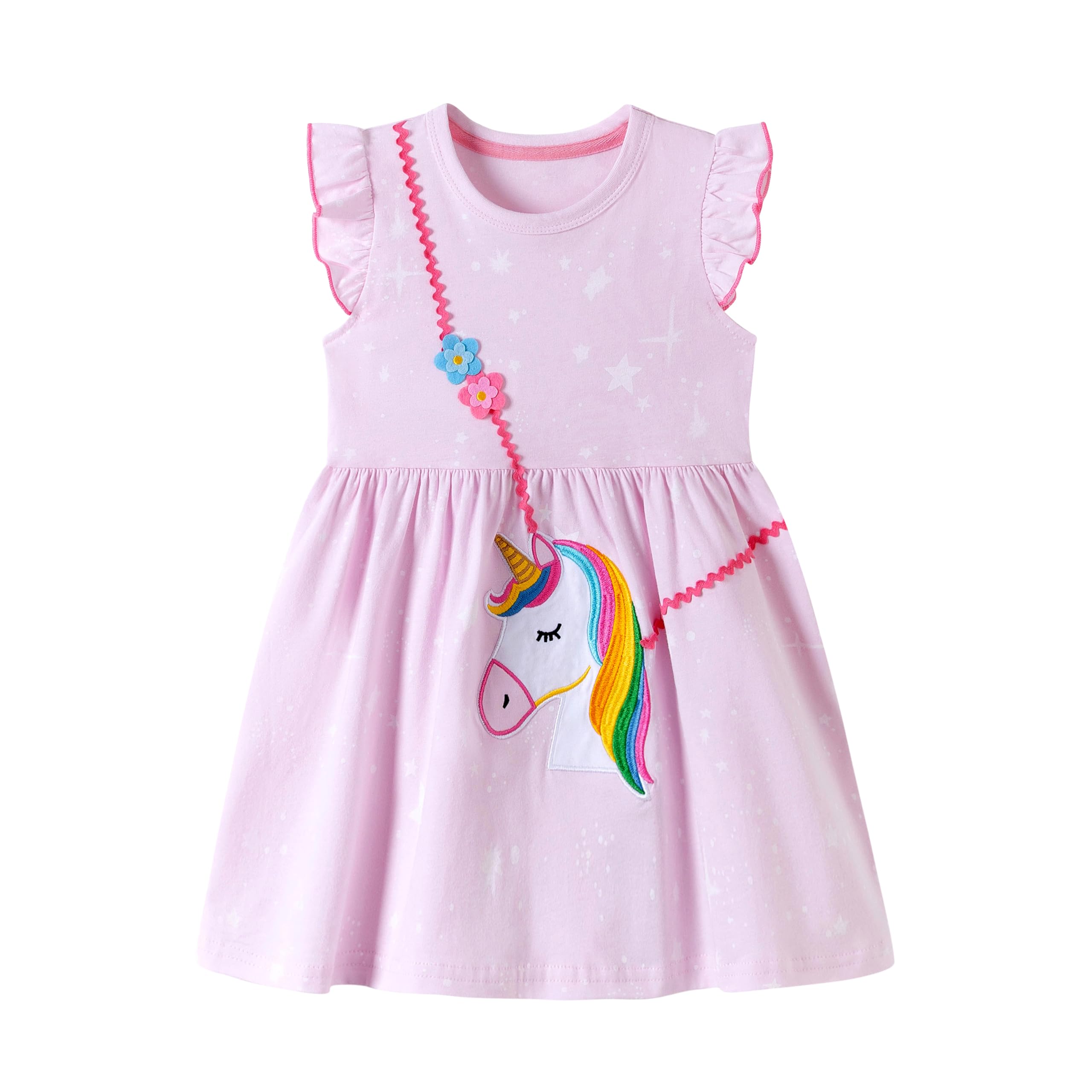 Vestido Niña Unicornio Manga Algodón Flores Verano Casual 2-8 Años