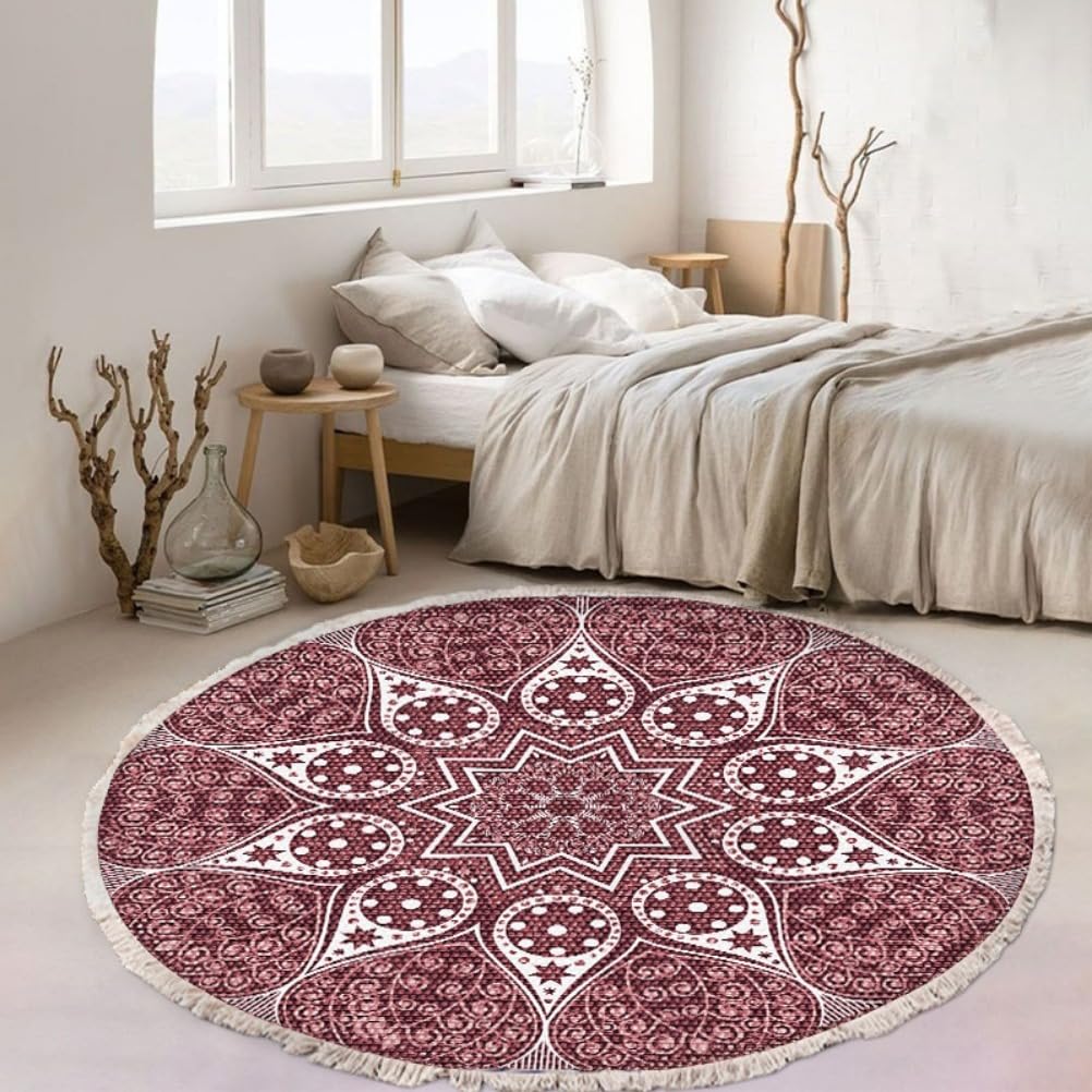 Tappeto Soggiorno Rotondo Tappeti con Nappe Antiscivolo Lavabile in Lavatrice in Stile Bohémien con frangia per Cucina Corridoio Camera da Letto (180 cm,Viola)