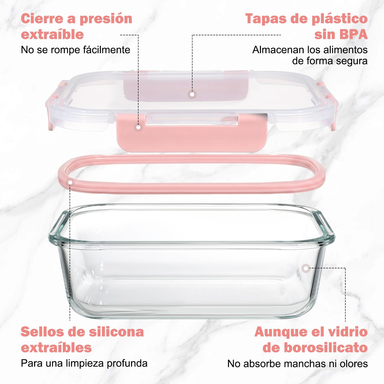 YASHE 10 Piezas Recipientes de Vidrio con Tapas Herméticas, Reutilizables, Apto para Microondas, Horno, Congelador y Lavavajillas, Sin BPA, Fiambrera Cristal, Rosa