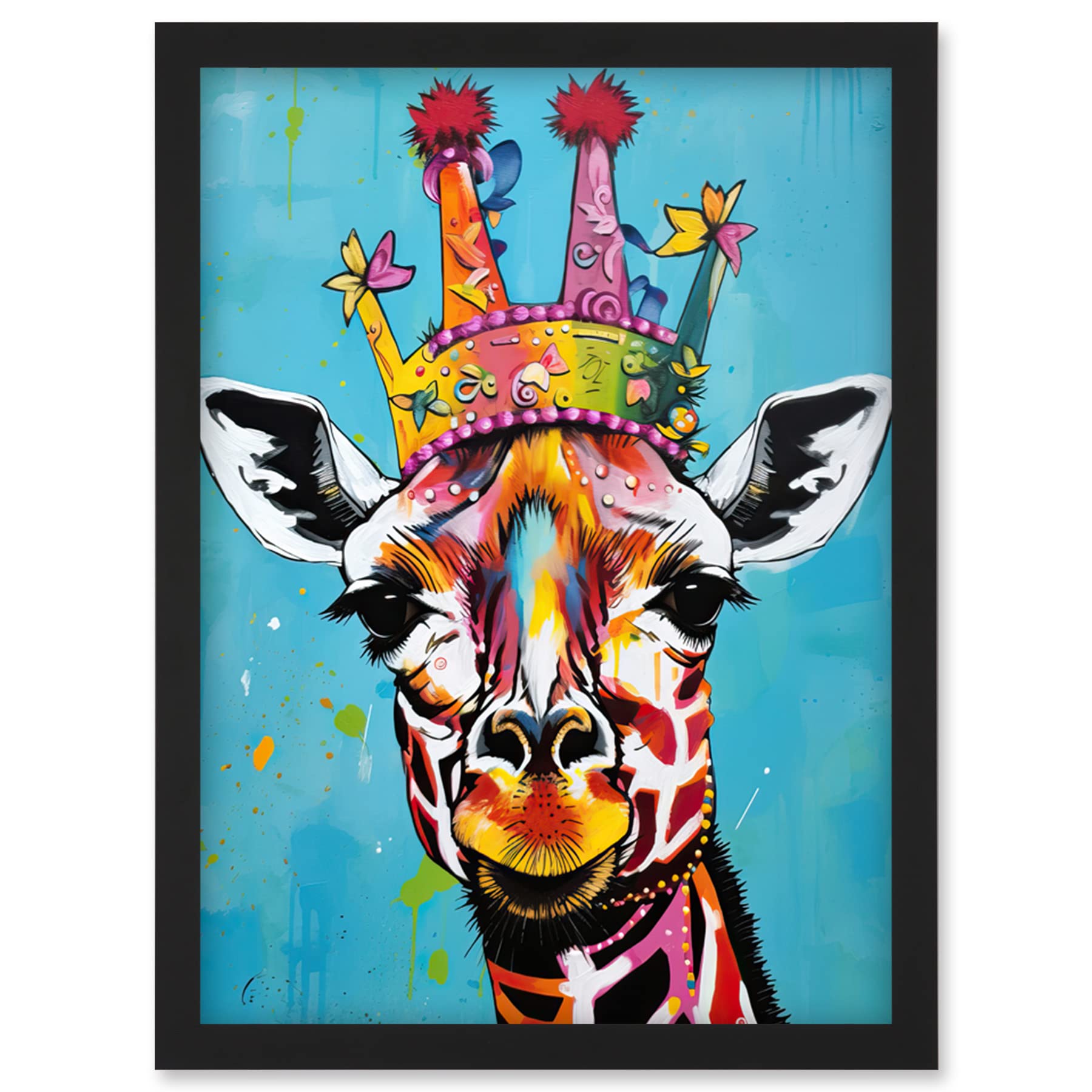 Artery8 Giraffe Wearing Princess Crown Modern Folk Art Artwork Framed Wall Art Print A4