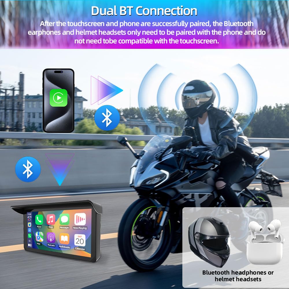 VSYSTO Schermo Carplay per moto, Carplay wireless e Android Auto, touchscreen da 5 pollici, display con indicazione della temperatura e della tensione della batteria,navigazione GPS, assistente vocale