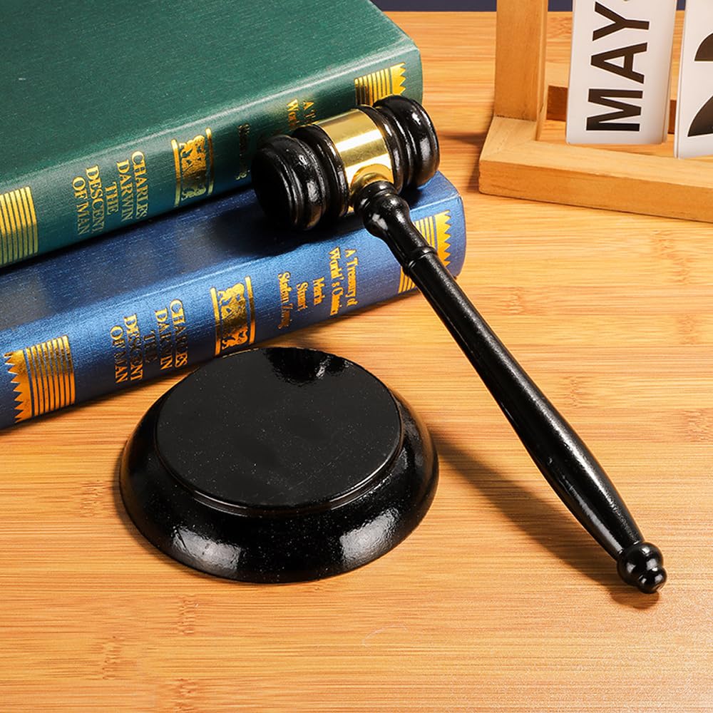 POFET Juego de mazo y Bloque, mazo de Madera con Acabado Antiguo Hecho a Mano y Bloque de Sonido de Martillo Redondo, jueces, Abogados, reuniones, subastas y Regalos