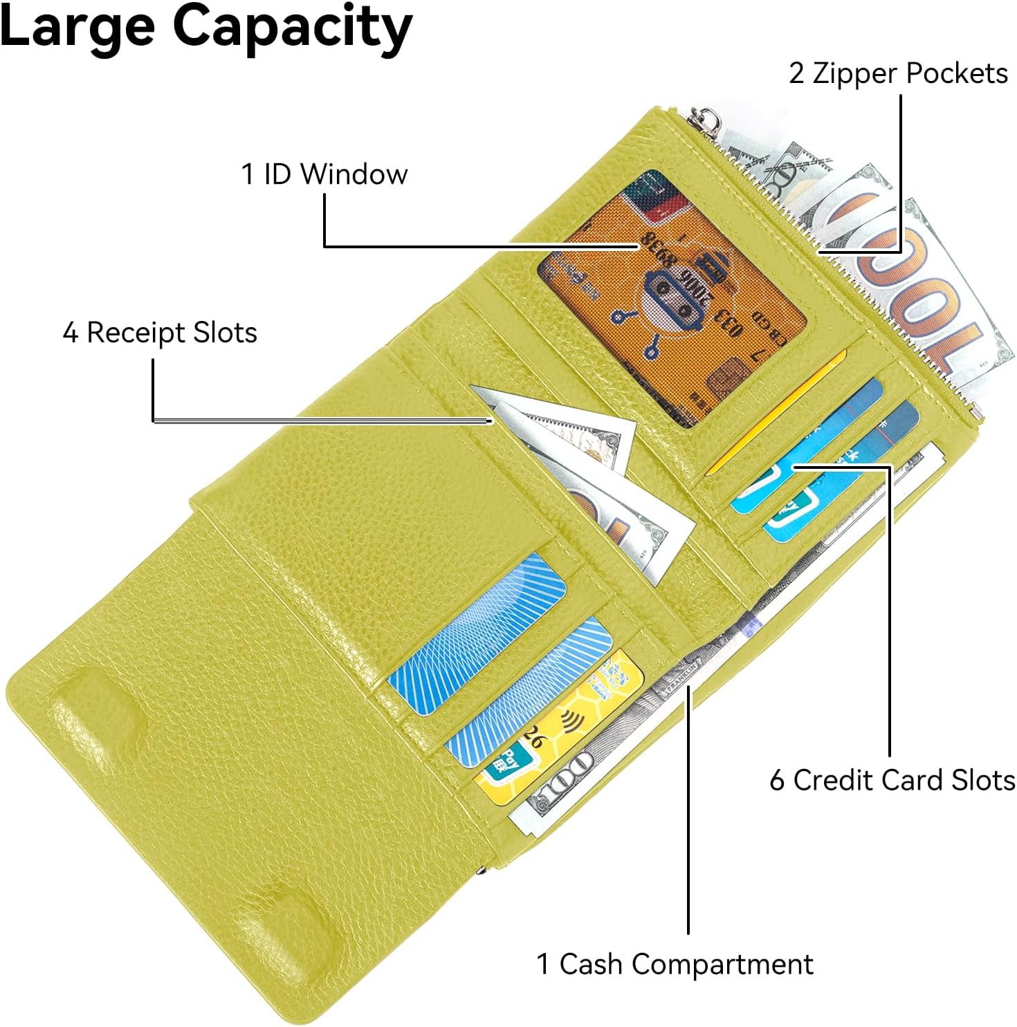 Bifold Wallet for Women Genuine Leather, [Large Capacity] [Magnetic Closure] Female Ladies Wallet Card Holder with ID Window, Zipper Coin Pockets (Grass Green) - Image 3