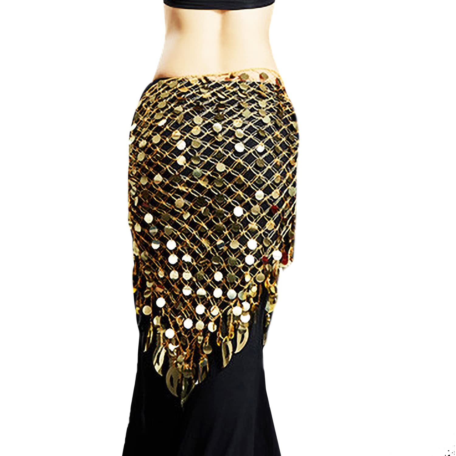 VRITRAZ Women's Chiffon Belly Dance Hip Scarf Waistband Mini Belt Skirt Mixed Colors Sequence Beads And Coins Gold 1
