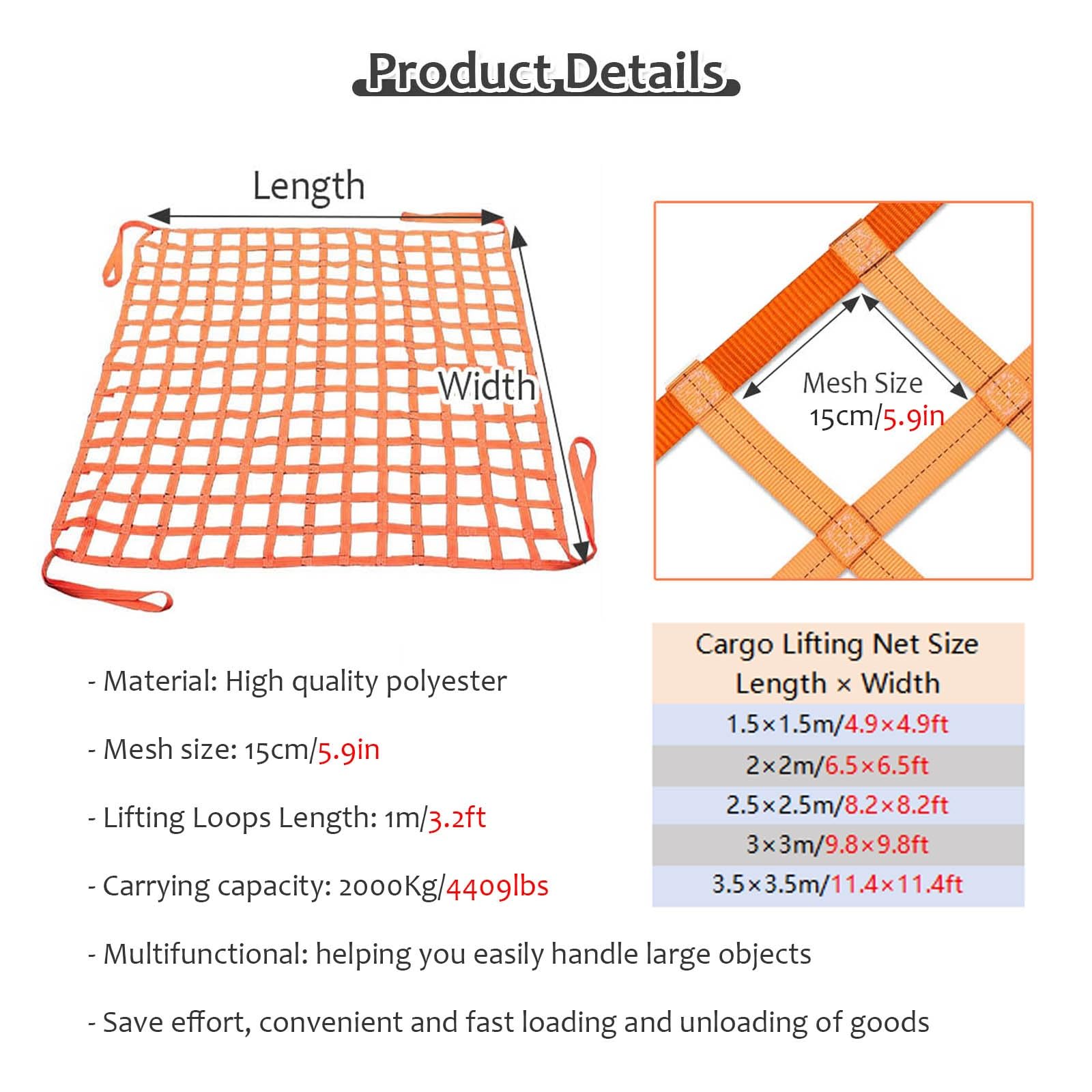 Lifting Cargo Basket Net for Hoisting - Flat Nylon Sling Hoisting Net 15cm Square Mesh - Cargo Lifting Nets with Straps for Loading And Unloading Heavy Objects, Load Capacity 2ton(3.5x3.5m/11.4x11.4ft
