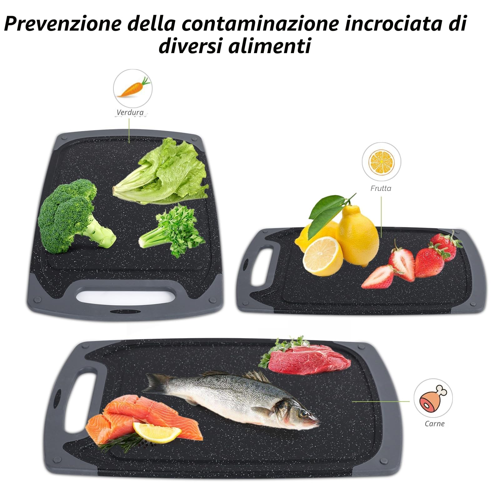 SKERITO Set di taglieri da cucina taglieri in plastica senza BPA con piedini antiscivolo e scanalatura profonda per lo sgocciolamento del succo tagliere lavabile in lavastoviglie 3 pezzi
