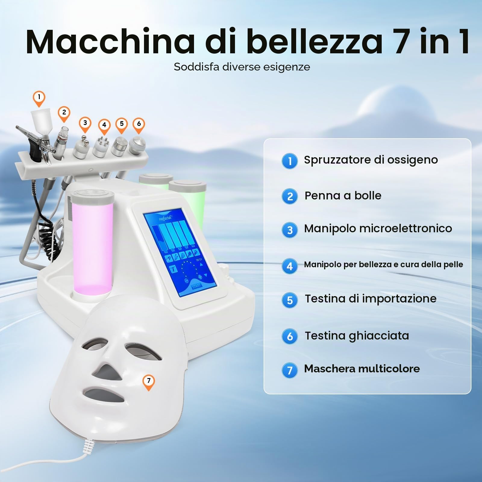 Toning, macchina per la pulizia della pelle 7 in 1, macchina di bellezza, pulizia profonda, Beauty Face Care Machine, maschera LED per la cura del viso, multifunzione, per famiglie, centri di
