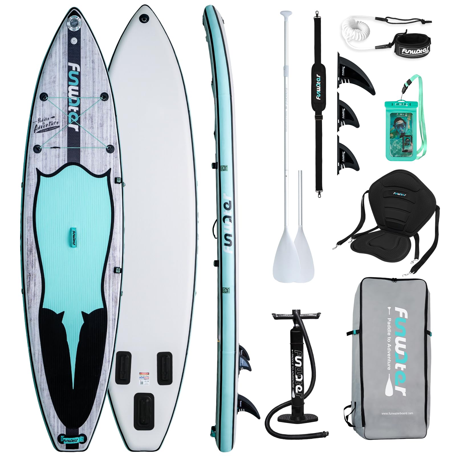 FunWater Tabla de Surf Hinchable de pie para Surf, Tabla de Surf Sup, Accesorio de Remo Ajustable, Bomba, Mochila de Viaje ISUP, Correa de Seguridad. Funda Impermeable para teléfono móvil