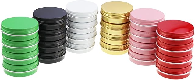 LJY 24 Pieces Multi-Coloured Round Aluminum Cans Screw Lid Metal Tins Jars Empty Slip Slide Containers (2 oz / 60 ml)
