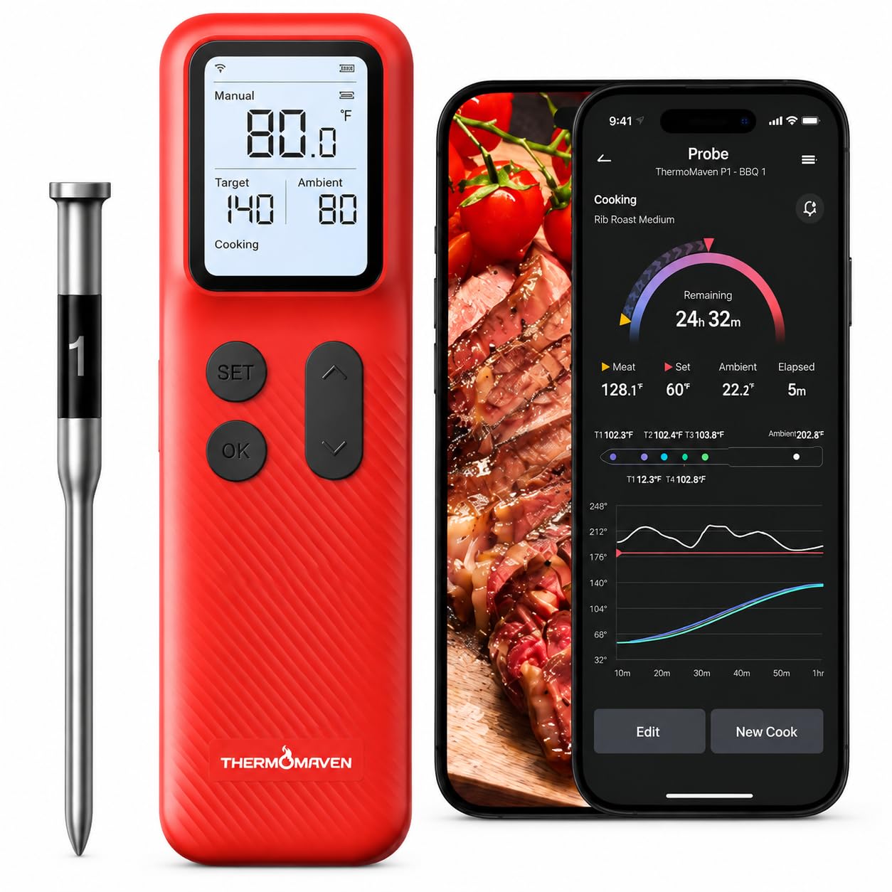ThermoMaven Smart Bleutooth Wireless Meat Thermometer, Standalone Base, WiFi Unlimited Range, NIST Certified Accuracy, Smart App Alerts for Grill, Oven, Smoker, BBQ, Red-Gray