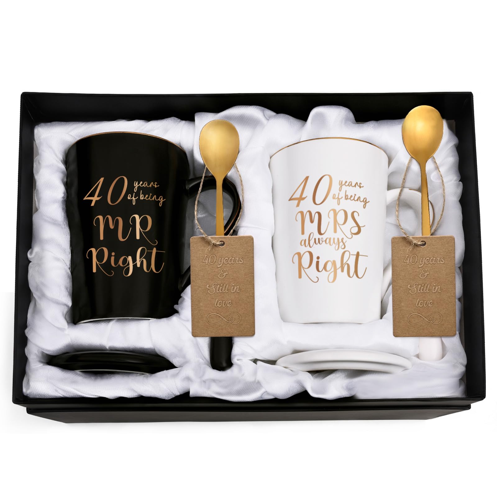 YHRJWN 40th Wedding Gifts, 40 Years of Being Mr & Mrs Always Right Mug Set 14Oz with Lids Spoons and Gift Box, Christmas Anniversary Presents for Parents Couple