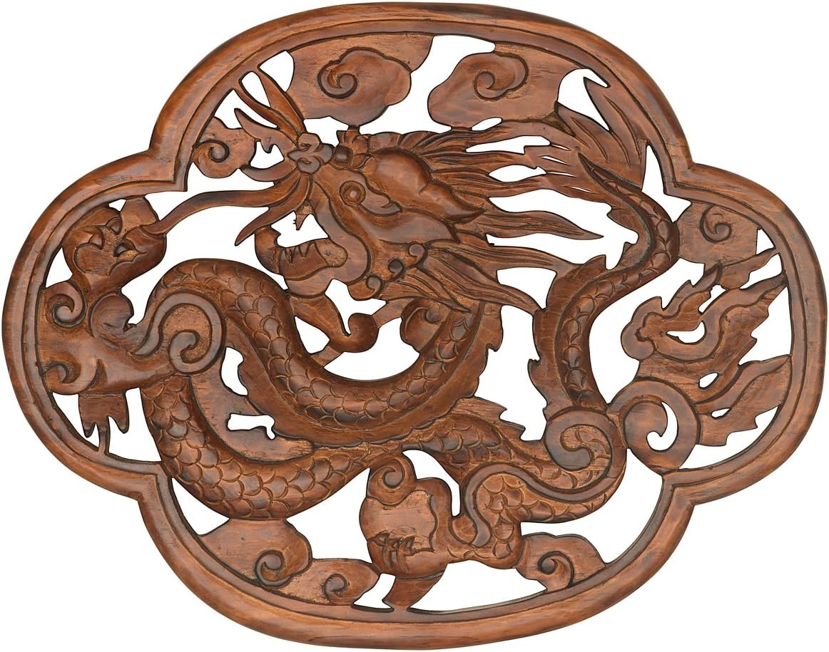 Tribe Azure Fair Trade Dragon Hand Carved Wood Wall Hanging Sculpture Large Art Sculpture Asian Oriental Accents Decorataive Boho Home Decor