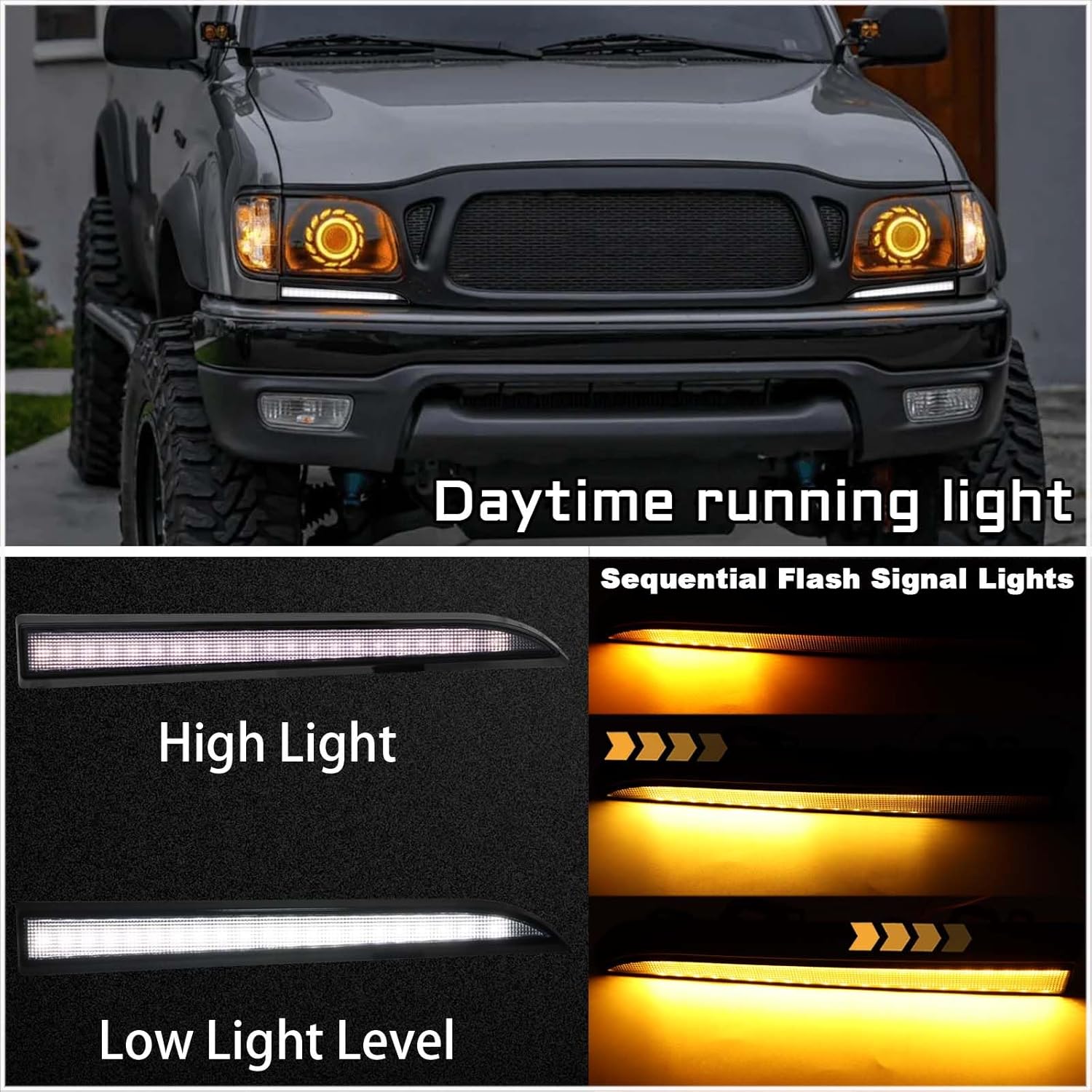 Switchback White/Amber LED Front Side Marker Headlight Daytime Running Lamp Amber Sequential Turn Signal Light Feature Compatible with Toyota Tacoma 2001-2004 Replacement Front Bumper Trim