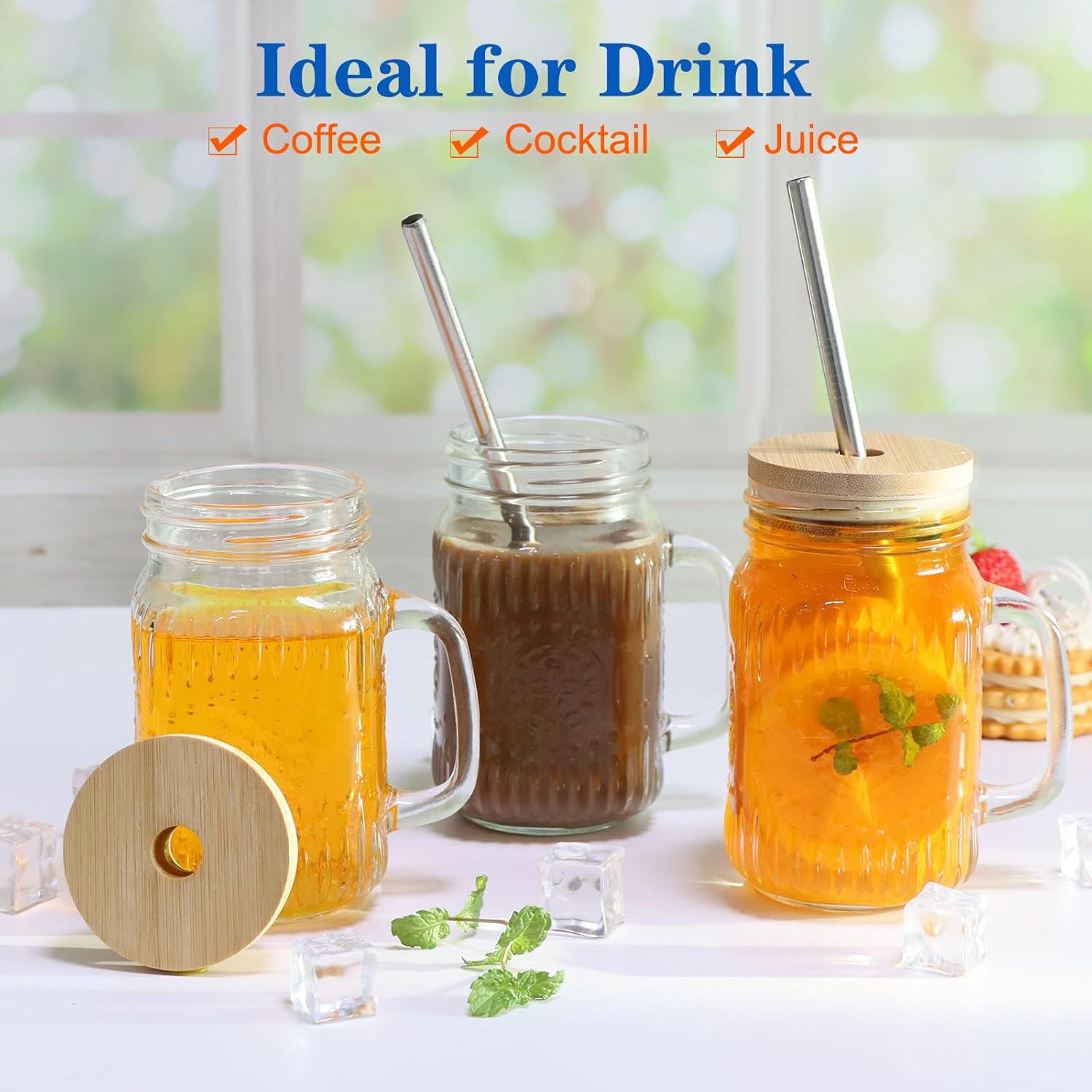 Magicsky Mason Jar Cups with Handles, Vintage 16 oz Glass Iced Coffee Cup with Bamboo Lids and Straws, Pint Drinking Jars Mug for Smoothie, Cold Drinks, Juice, Party Beverages, Set of 4 - Image 6