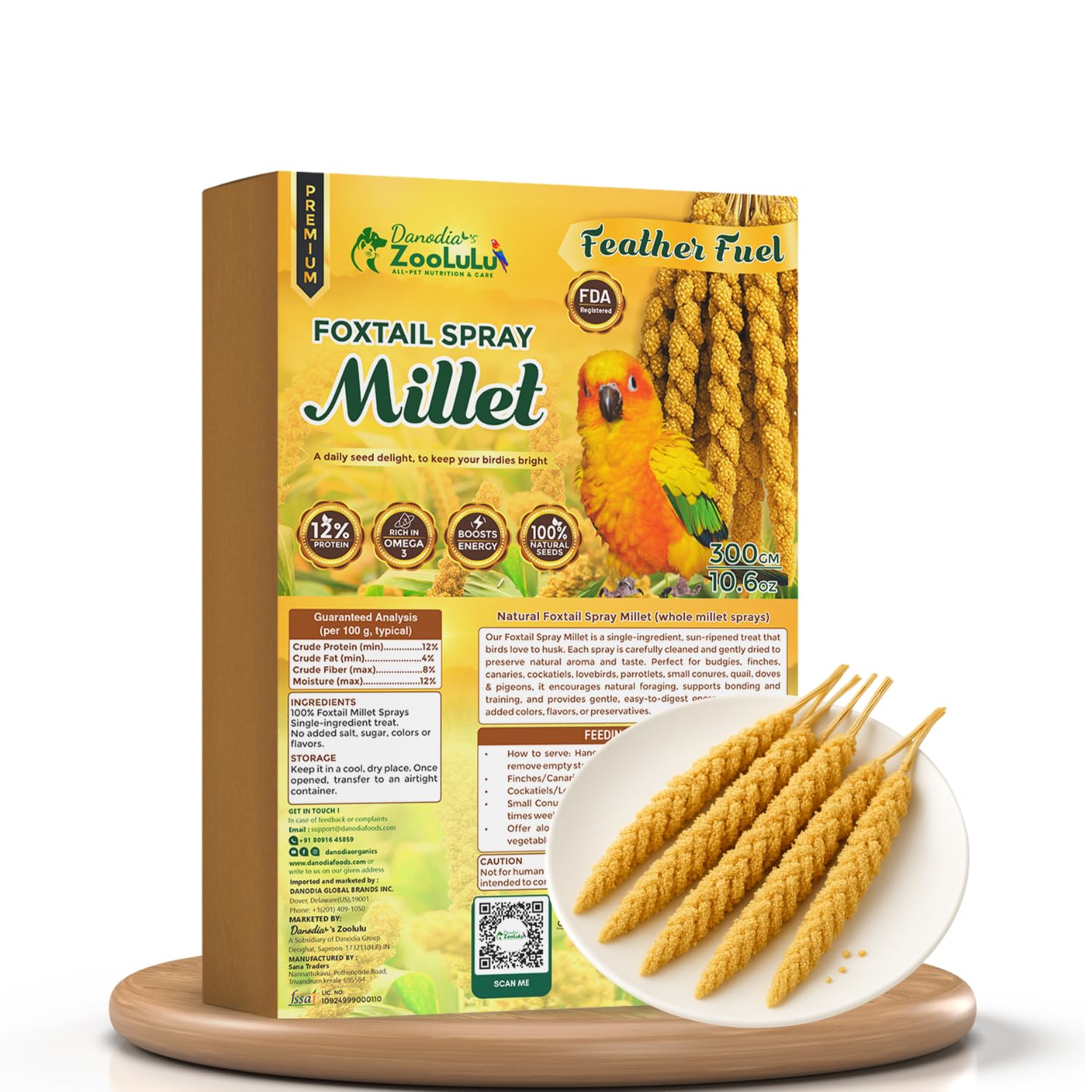 Danodia’s Zoolulu Foxtail Spray Millet for Birds 300 g (0.66 lb/ 10.6oz) | All-Natural Sun-Dried Non-GMO Treats | Parakeets, Budgies, Finches, Canaries, Cockatiels & Lovebirds | Easy Cage Clip