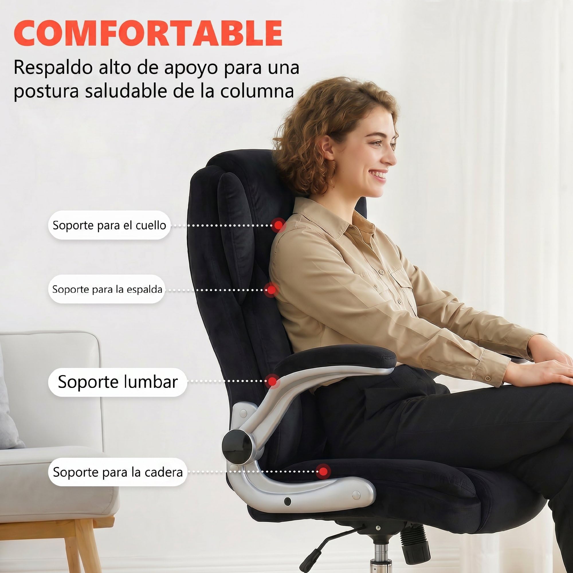 HOMCOM Silla de Escritorio Ergonómica con Reposabrazos Abatibles Negro | Silla de Oficina con Respaldo Alto, Asiento con Muelles, Altura Ajustable, Función Basculante, Tapizado en Terciopelo