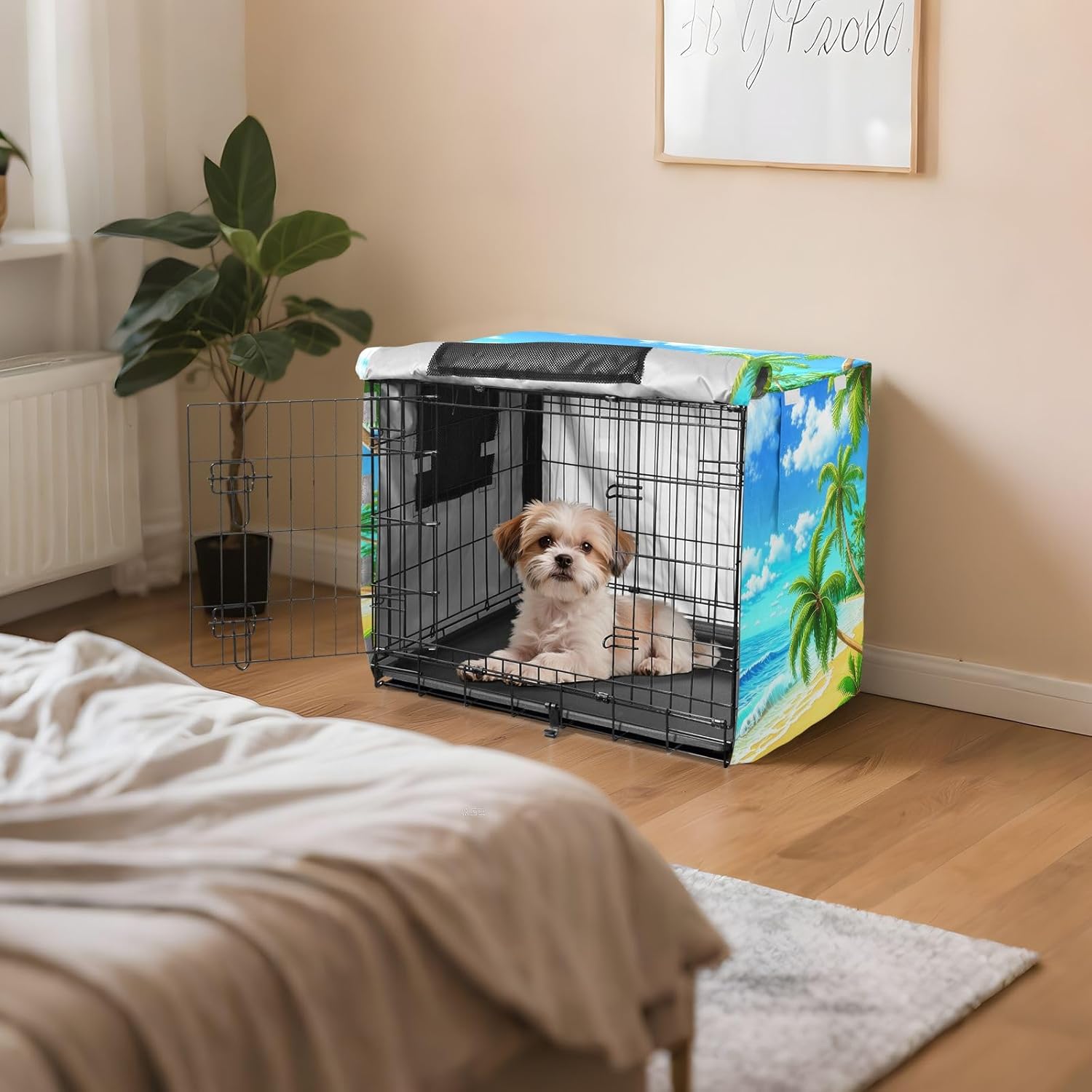 Tropical Beach Palm Trees Dog Crate Cover Washable, S-XL Water-Resistant Cage Cover for Indoor Pets, X-Large