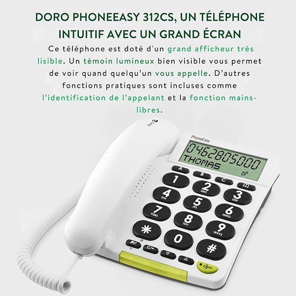 Doro PhoneEasy 312cs téléphone Filaire simplifié Larges Touches contrastées, Fonction Mains-Libres et mémoires directes (Blanc) - 4