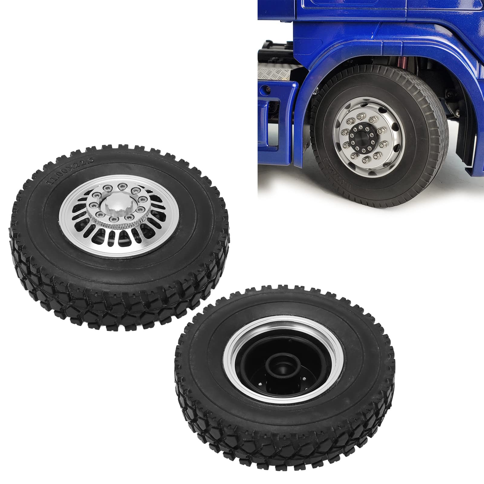 2 pezzi RC Auto Pneumatici Cuscinetto della Ruota Anteriore Cerchi in Lega di Alluminio Argento Pneumatici in Gomma Nera per 1/14 Autocarro con Cassone Ribaltabile