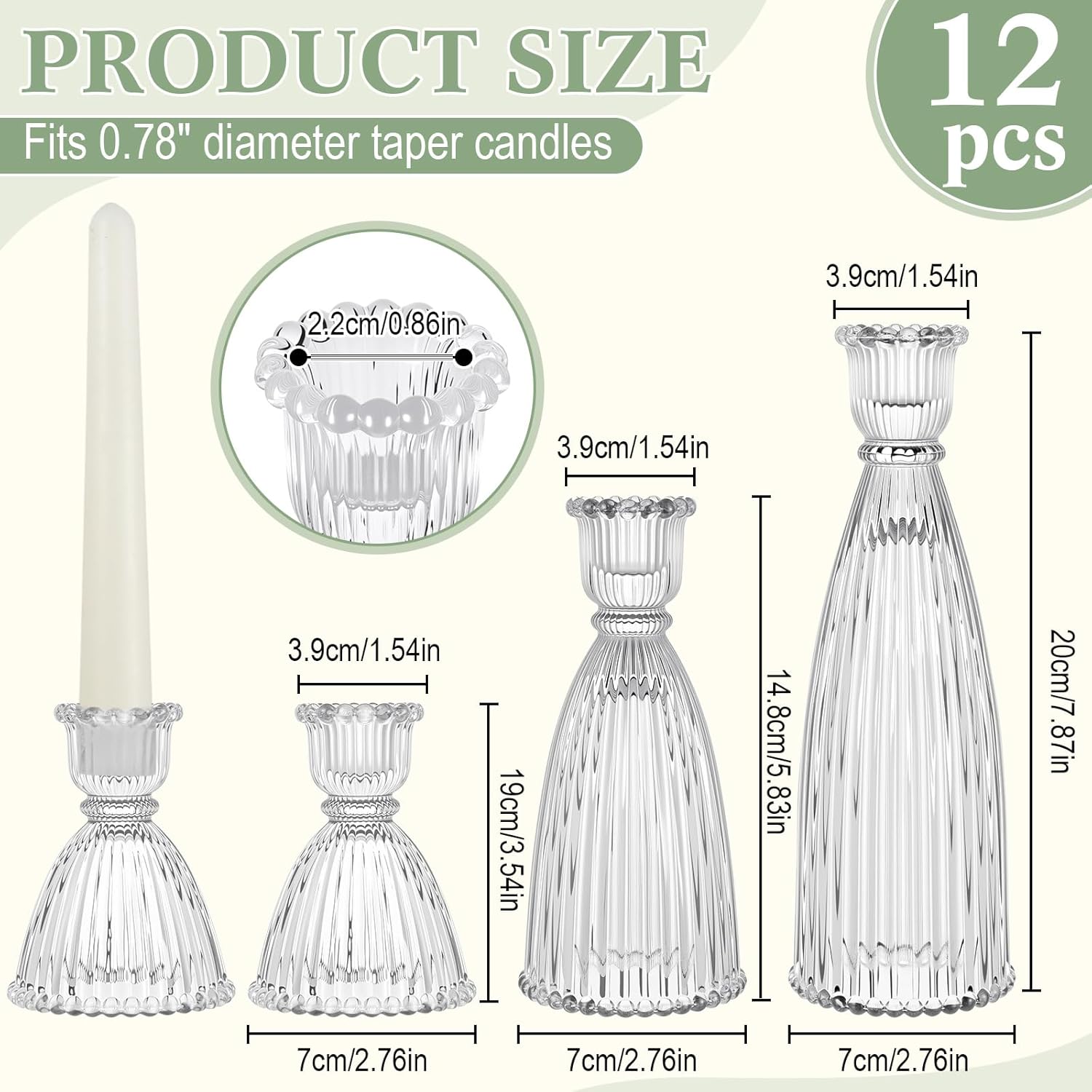 mumufy 12 pack glass candlestick holders(3.5", 5.8", 7.9") – bulk set of vintage clear tapered striped candle holders for candlesticks, banquets, events, and festive parties(clear)