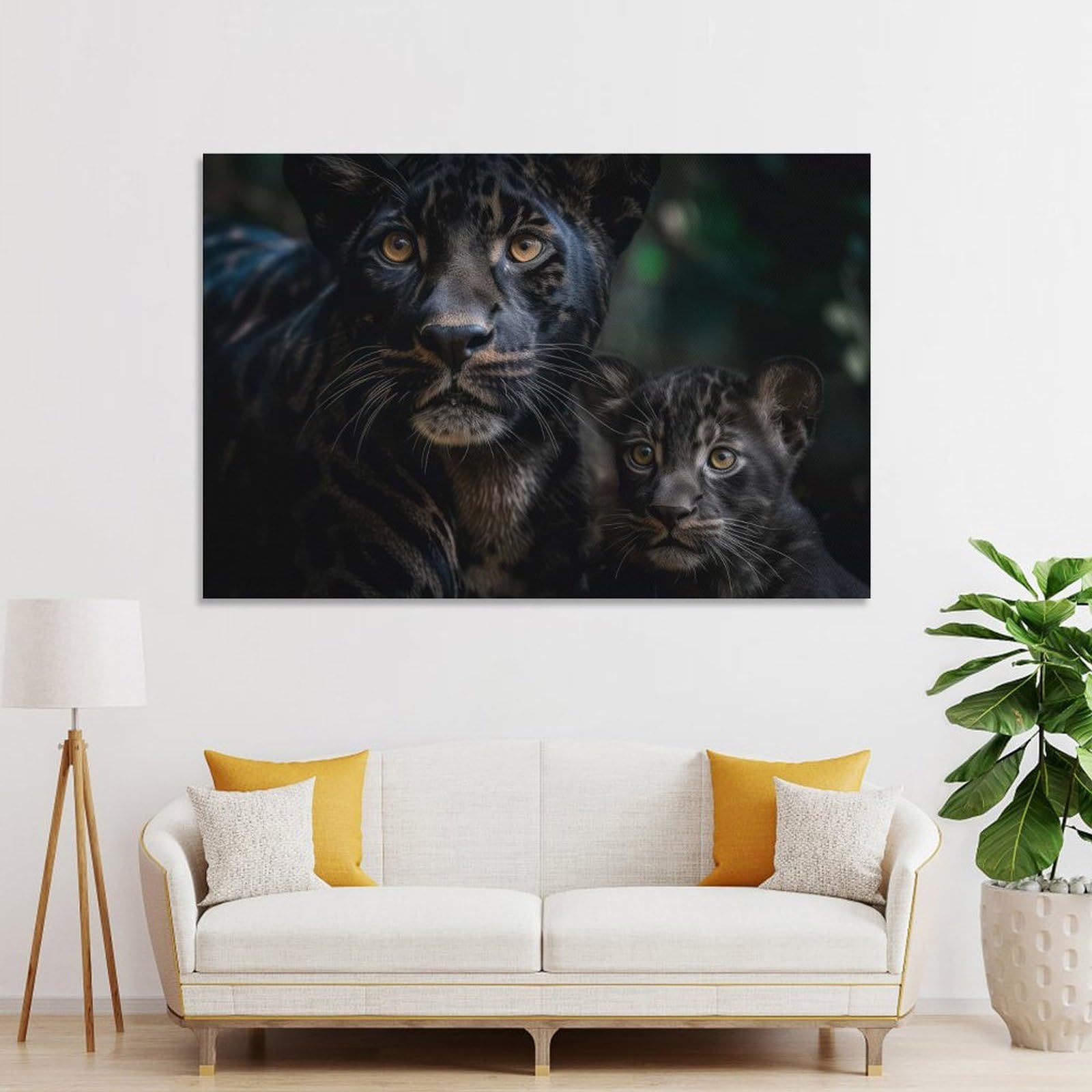 Junmoney Black Panther With Cub Decorative Canvas Print 20x30inch(50x75cm), for Corridors, Hallways Or Apartment Entries, Decorative Wall Art for Narrow Spaces
