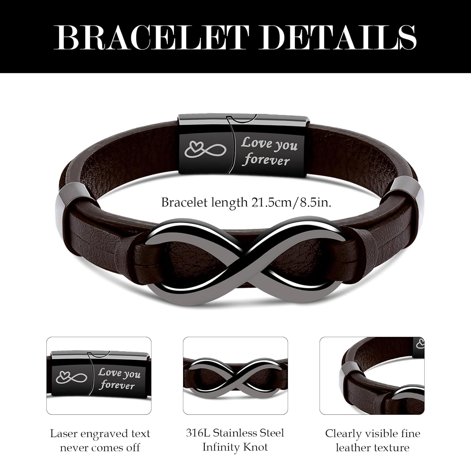 VGWON Mens Infinity Knot Bracelet, Christmas Gift for Him To My Man/Son/Dad Leather Bracelet I Love You Mens Bracelet Mens Birthday Gift Boyfriend Husband Couple - Image 4
