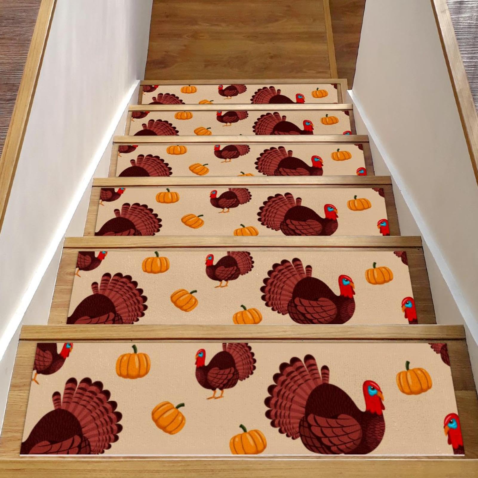 Tapis d'escalier antidérapants lot de 15 marches en bois lavables motif dinde bleu