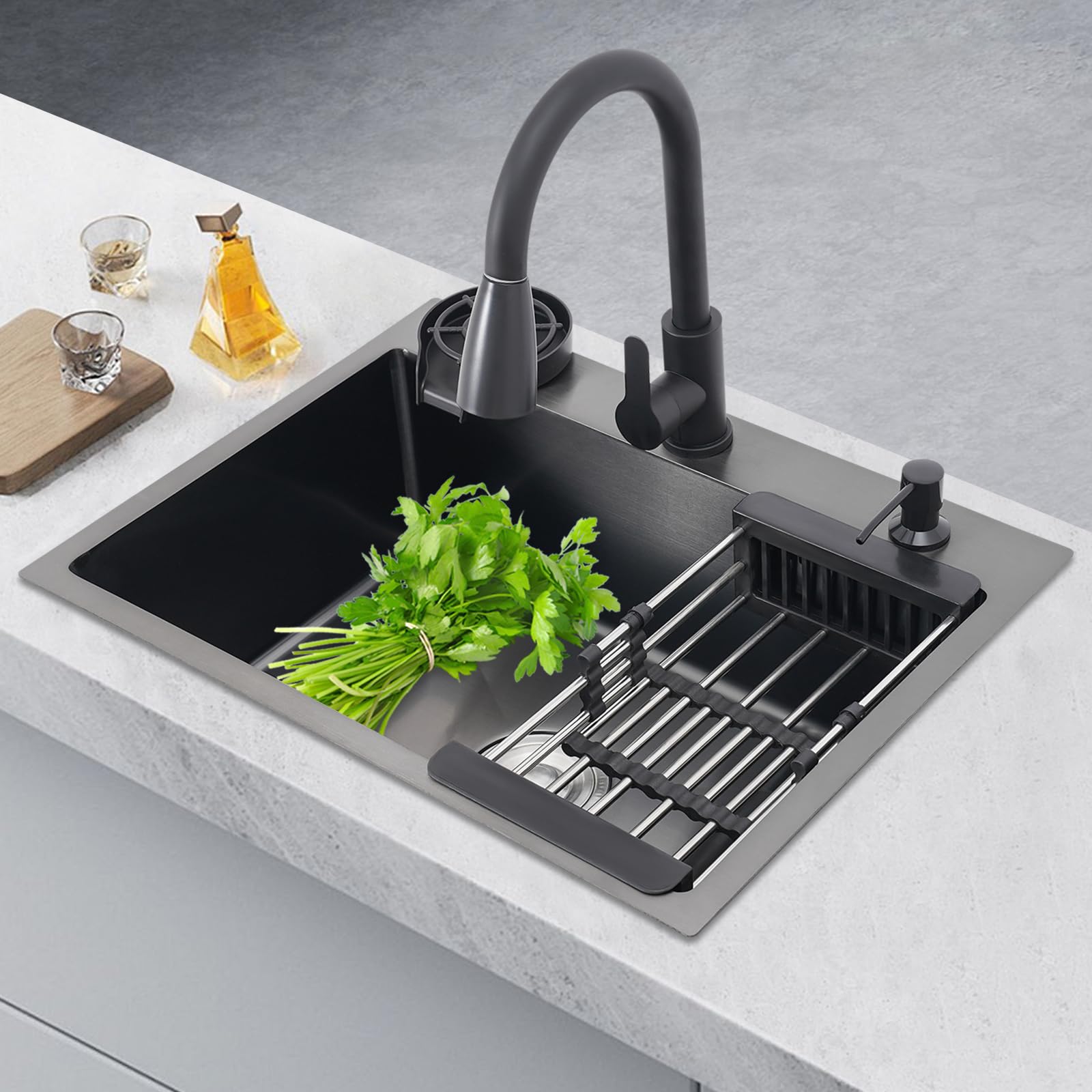 Fregadero de Acero Inoxidable con Lavavasos, Grifo, Dispensador de Jabón y Escurridor, Fregadero de Cocina Negro, Para Cocinas Industriales, Hogares Particulares, Granjas y Patios Traseros