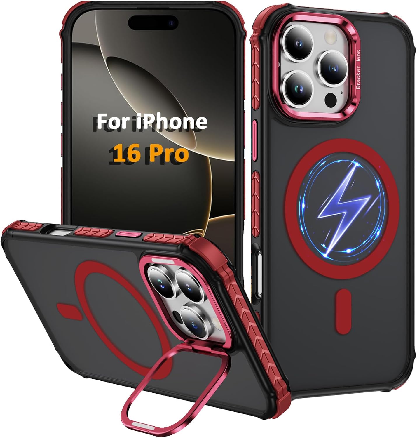 i Phone 16 Pro Case, Magnetic for iPhone 16 Pro Case, Compatible with MagSafe Wireless Charging, Heavy Duty, Shockproof, Adjustable Kickstand, Slim Matte Anti-Fingerprint Red.