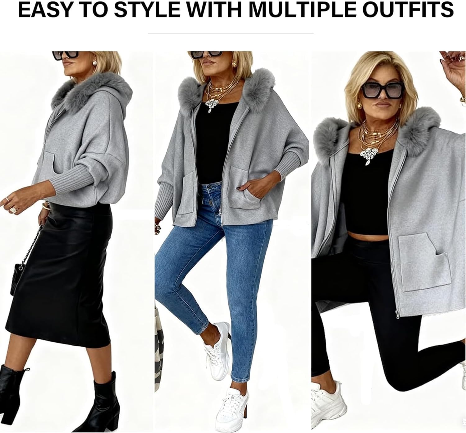 Women Fur Collar Solid Color Casual Jacket, Fall Batwing Sleeve Full Zip Up Hooded Faux Fur Lapel