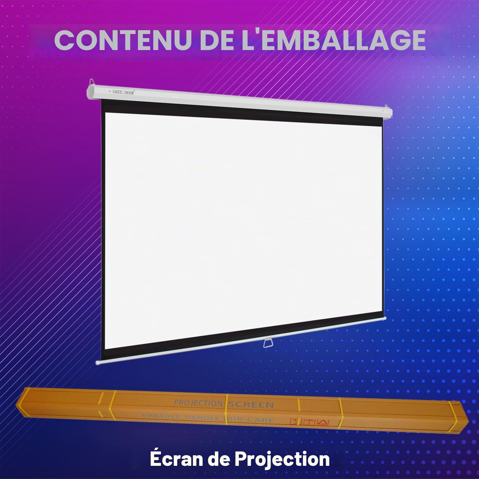 Écran de projection 72" 140 x 105 cm - Surface blanche mate avec un facteur de gain de 1,1 - Bord noir sur tout le pourtour et l'arrière du tissu noir - Home cinéma