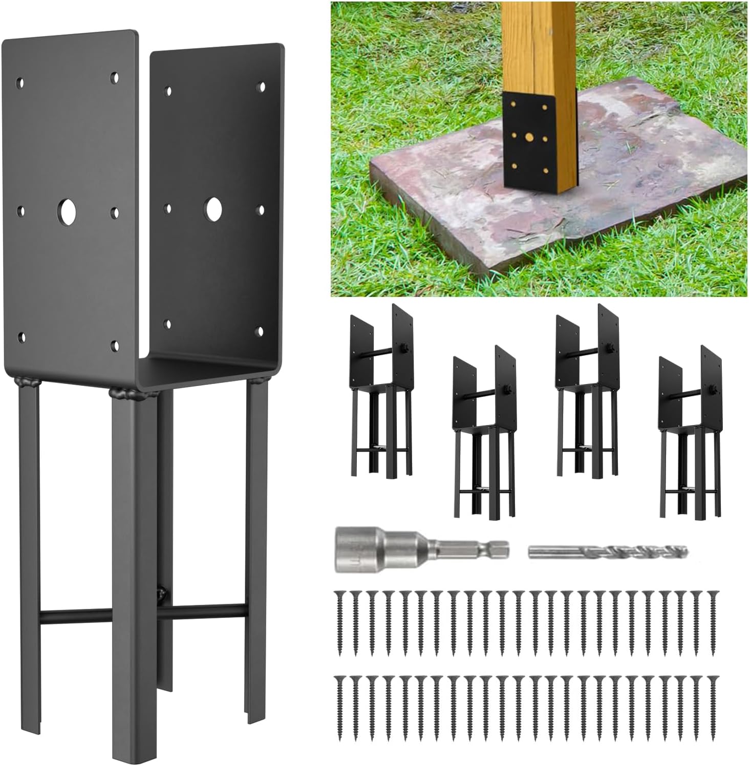 Heavy Duty 4x4 Post Anchor 4-Pack - U Shape Fence Post Base for Wet Concrete Installation, 14" Ground Spike Bracket for Fence, Deck, Pergola, Railing, Mailbox- Fits for 4x4 Wood (Inner Dia 3.6"x3.6")