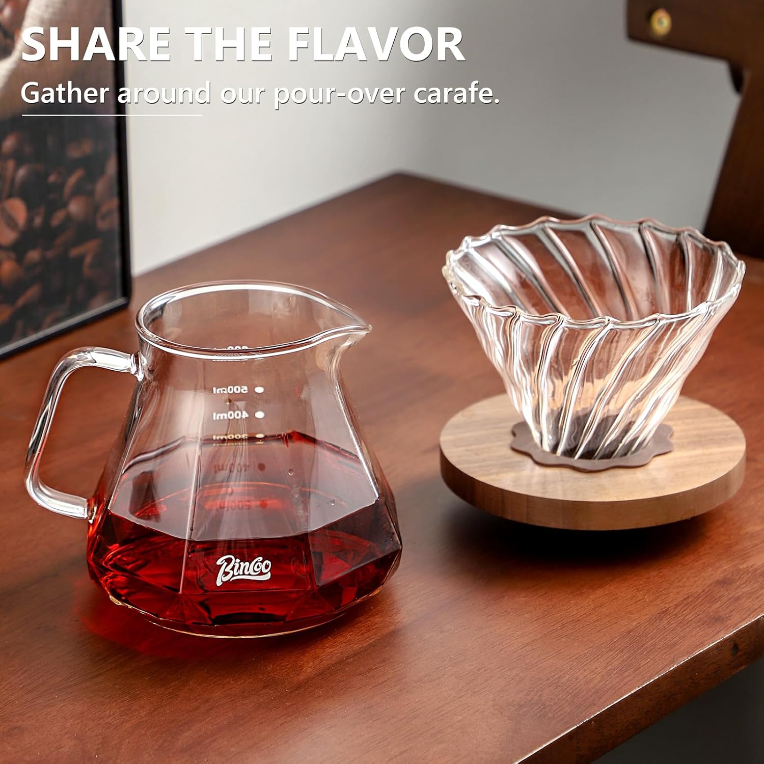 Bincoo Pour Over Coffee Maker Set - Borosilicate Glass Dripper with Walnut Handle & Glass Lid, 50 pcs Paper Filters Included - 600ml Pour Over Coffee Dripper for Home, Café, & Camping (Dark Gray)