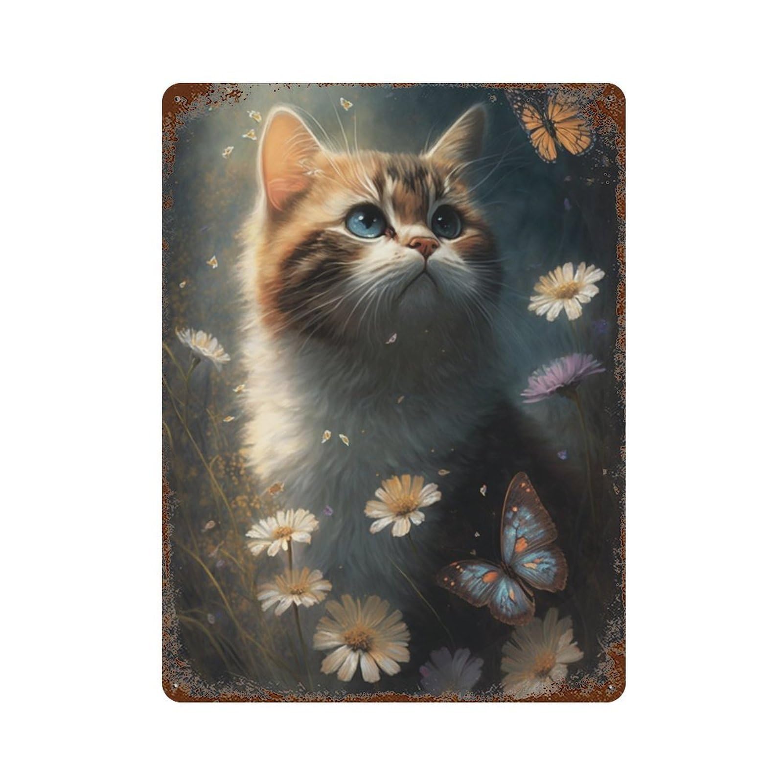 Rust Effect Kitten with Butterflies And Flowers Vintage Rust Metal Sign 15.7"x11.8", Old School Wall Decor for Basement, Hobby Room And Garage Decor