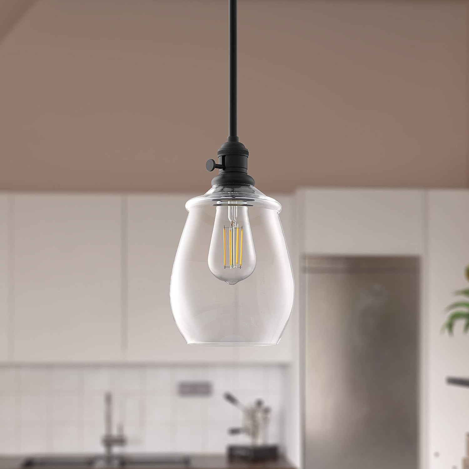 Linea di Liara Arenza Matte Black Pendant Light Fixture Farmhouse Pendant Lighting for Kitchen Island Over The Sink Kitchen Lighting with Clear Glass Pendant Shade, UL Listed