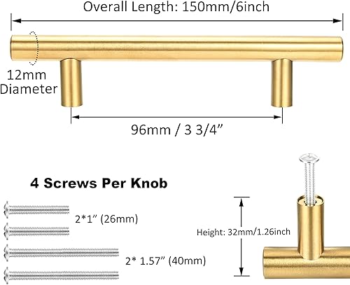 Miniatura 10 de Kitmose Paquete de 15 tiradores de gabinete de acero inoxidable dorado cepillado en T para muebles, cocina, armario, cajón, manija de puerta